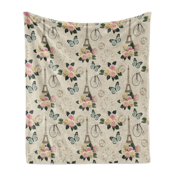 Modern Soft Flannel Fleece Blanket, French Eiffel Tower Shabby Form Style Garden Roses Butterfly Flowers Leaves Artwork, Cozy Plush for Indoor and Outdoor Use, 50" x 70", Multicolor, by Ambesonne