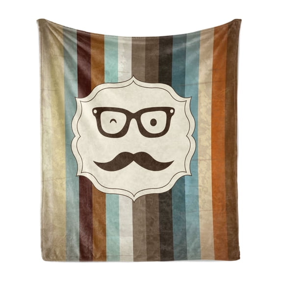 Modern Soft Flannel Fleece Blanket, Funny Man Face with Moustache and Glasses Winking on Striped Background Sir Artwork, Cozy Plush for Indoor and Outdoor Use, 50" x 70", Multicolor, by Ambesonne
