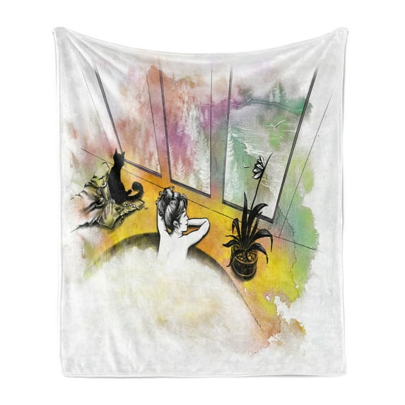 Modern Soft Flannel Fleece Blanket, Girl with Cat Taking Bath Spa Aroma Theraphy Relaxing Peaceful Massage Illustration, Cozy Plush for Indoor and Outdoor Use, 50" x 60", Multicolor, by Ambesonne
