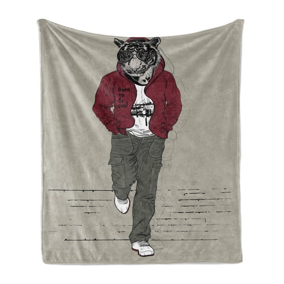 Modern Soft Flannel Fleece Blanket, Hipster Tiger in Sportswear Taking a Walk Adaptation to Urban City Theme, Cozy Plush for Indoor and Outdoor Use, 50" x 70", Ruby Sage Green Black, by Ambesonne