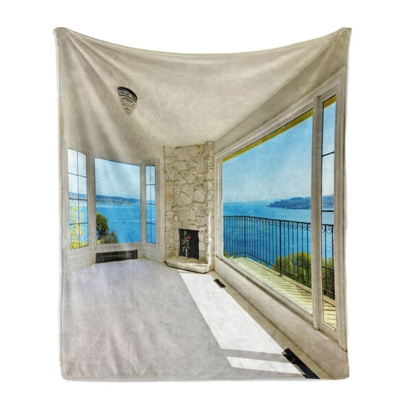 Modern Soft Flannel Fleece Blanket, Modern Hollywood Star Houses Inspired Design with Ocean Nature Forest View Art, Cozy Plush for Indoor and Outdoor Use, 60" x 80", White and Blue, by Ambesonne