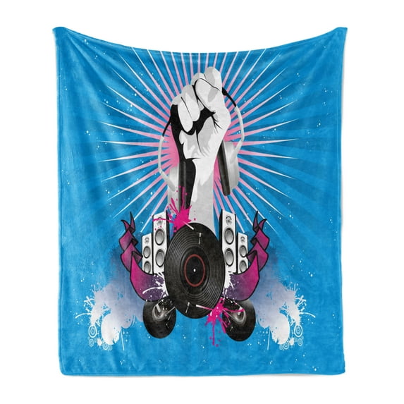 Modern Soft Flannel Fleece Blanket, Music Elements with a Hand Holding Headphone Graffiti Style Illustration, Cozy Plush for Indoor and Outdoor Use, 60" x 80", Blue Fuchsia and Dust, by Ambesonne