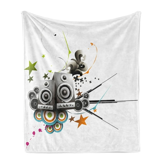 Modern Soft Flannel Fleece Blanket, Music Set Instruments Headphones Stars and Lines Energetic Image Print, Cozy Plush for Indoor and Outdoor Use, 70" x 90", Black Green and Orange, by Ambesonne