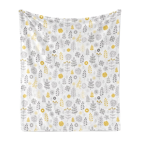 Modern Soft Flannel Fleece Blanket, Nature Wild Forest Leaves Flowers Trees Buds Sketchy Contemporary Art Print, Cozy Plush for Indoor and Outdoor Use, 50" x 60", Grey Mustard White, by Ambesonne
