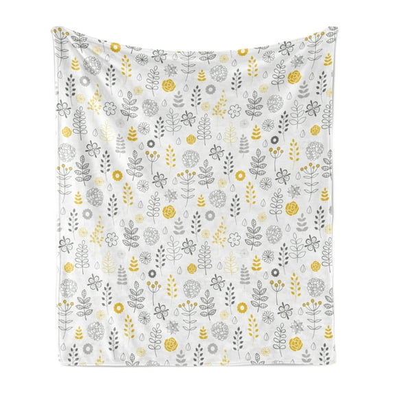 Modern Soft Flannel Fleece Blanket, Nature Wild Forest Leaves Flowers Trees Buds Sketchy Contemporary Art Print, Cozy Plush for Indoor and Outdoor Use, 60" x 80", Grey Mustard White, by Ambesonne