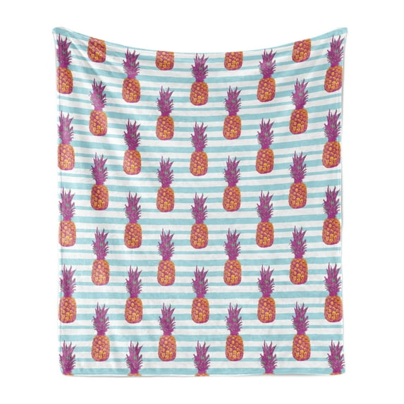 Modern Soft Flannel Fleece Blanket, Pop Art Themed Pineapple Illustration on Blue Stripes Retro Tones Print, Cozy Plush for Indoor and Outdoor Use, 50" x 60", Dark Magenta and Orange, by Ambesonne