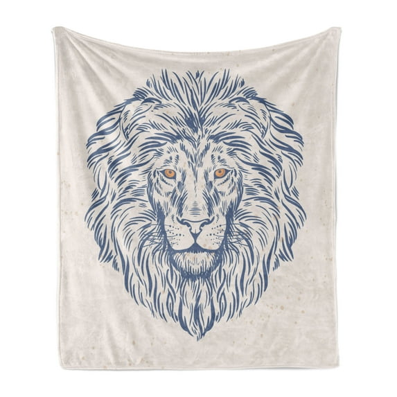 Modern Soft Flannel Fleece Blanket, Portrait of a Lion King of the Forest Wildlife Animal Zodiac Sign Illustration, Cozy Plush for Indoor and Outdoor Use, 50" x 70", Slate Blue Beige, by Ambesonne