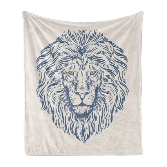 Modern Soft Flannel Fleece Blanket, Portrait of a Lion King of the Forest Wildlife Animal Zodiac Sign Illustration, Cozy Plush for Indoor and Outdoor Use, 70" x 90", Slate Blue Beige, by Ambesonne