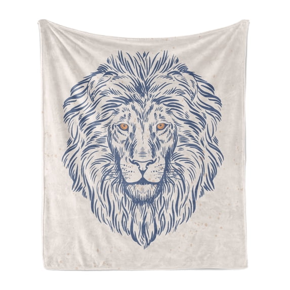 Modern Soft Flannel Fleece Blanket, Portrait of a Lion King of the Forest Wildlife Animal Zodiac Sign Illustration, Cozy Plush for Indoor and Outdoor Use, 70" x 90", Slate Blue Beige, by Ambesonne
