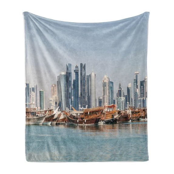 Modern Soft Flannel Fleece Blanket, Qatar City Skyline at Dhow Middle Eastern Coast with Ships Skyscrapers View, Cozy Plush for Indoor and Outdoor Use, 50" x 70", Pale Blue Cinnamon, by Ambesonne
