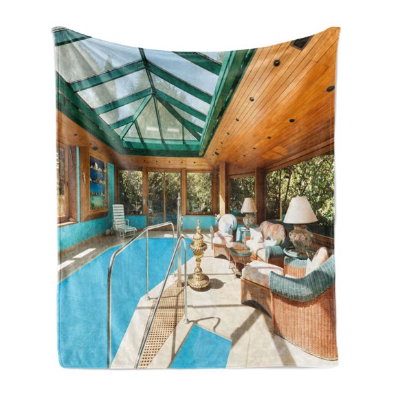 Modern Soft Flannel Fleece Blanket, Residential House Large Indoor Pool Furniture Sunrays Leisure Time Print, Cozy Plush for Indoor and Outdoor Use, 70" x 90", Green Pale Brown Blue, by Ambesonne