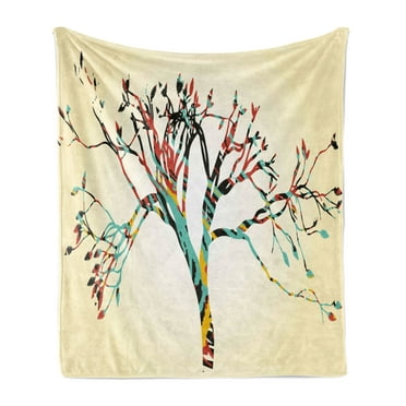 Modern Soft Flannel Fleece Blanket, Retro Vintage Style Colorful Design on Abstract Black Tree with Leaves Buds Artwork, Cozy Plush for Indoor and Outdoor Use, 50" x 60", Multicolor, by Ambesonne