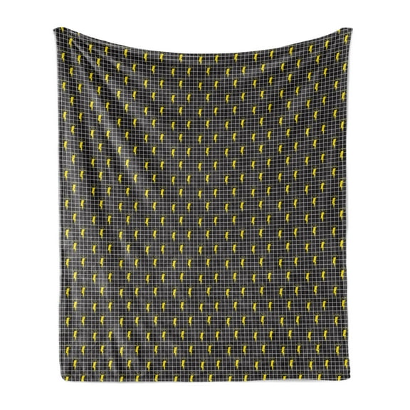 Modern Soft Flannel Fleece Blanket, Rhythmic Thunder Symbols on Checkered Cubes in Pop-Art Style Backdrop, Cozy Plush for Indoor and Outdoor Use, 50" x 70", Charcoal Grey and Yellow, by Ambesonne