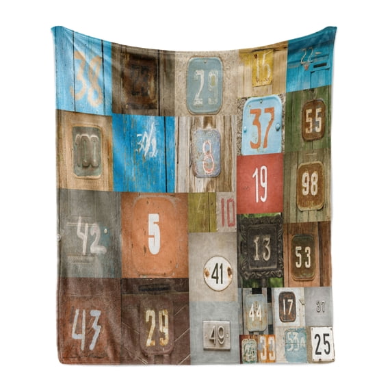 Modern Soft Flannel Fleece Blanket, Rusty Apartment Placards Nostalgic Once upon a Time Themed House Door Number Plates, Cozy Plush for Indoor and Outdoor Use, 60" x 80", Multicolor, by Ambesonne