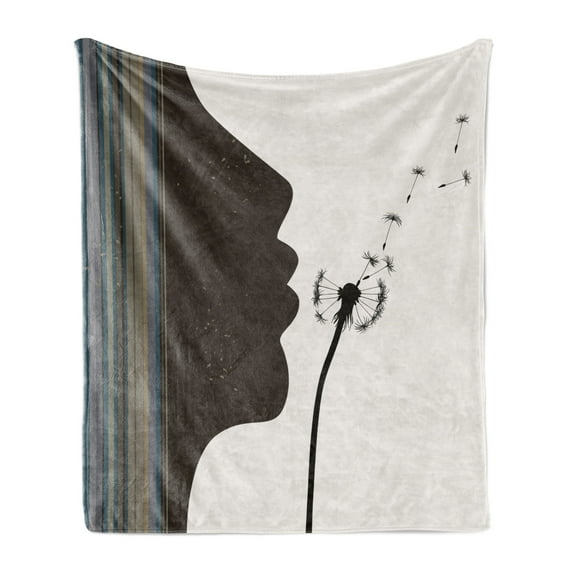 Modern Soft Flannel Fleece Blanket, Silhouette of a Woman Girl Portrait and Dandelion Flower by Vertical Color Stripes, Cozy Plush for Indoor and Outdoor Use, 70" x 90", Multicolor, by Ambesonne