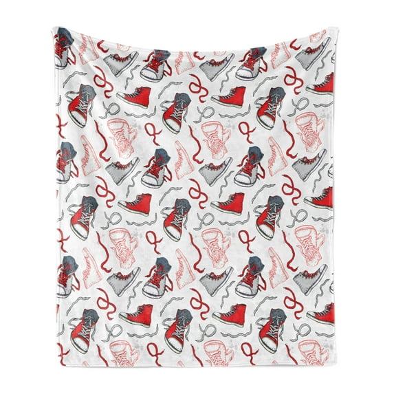 Modern Soft Flannel Fleece Blanket, Sport Shoes Sneakers Hobby Casual Fashion Teenage Old School Illustration, Cozy Plush for Indoor and Outdoor Use, 50" x 60", Vermilion White Grey, by Ambesonne