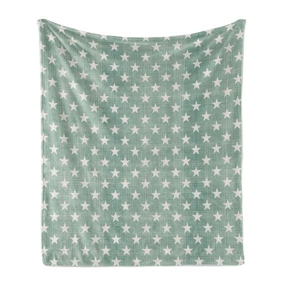 Modern Soft Flannel Fleece Blanket, Stars Pattern on Plaid Pattern Background in Classic Style Simplistic Artwork Print, Cozy Plush for Indoor and Outdoor Use, 60" x 80", Green Grey, by Ambesonne