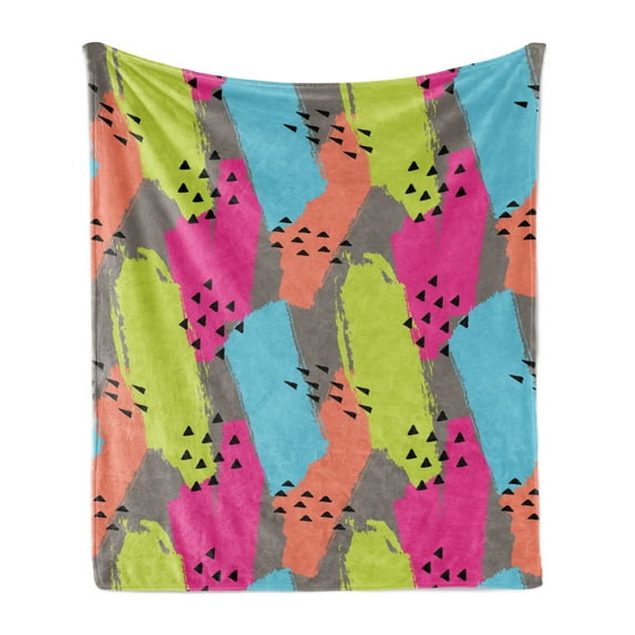 Modern Soft Flannel Fleece Blanket, Vector Abstract Design Colorful Brush Strokes with Geometric Triangles Image Print, Cozy Plush for Indoor and Outdoor Use, 50" x 60", Multicolor, by Ambesonne