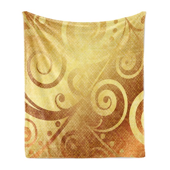 Modern Soft Flannel Fleece Blanket, Vector Canvas Design Floral Swirls Leaves Spring Nature Inspired Image, Cozy Plush for Indoor and Outdoor Use, 70" x 90", Earth Yellow and Brown, by Ambesonne