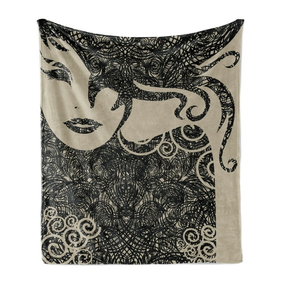 Modern Soft Flannel Fleece Blanket, Woman with Cool Posing Wavy Hot Hair Vamp Makeup Vintage Image Print Graphic, Cozy Plush for Indoor and Outdoor Use, 70" x 90", Dark Taupe and Tan, by Ambesonne