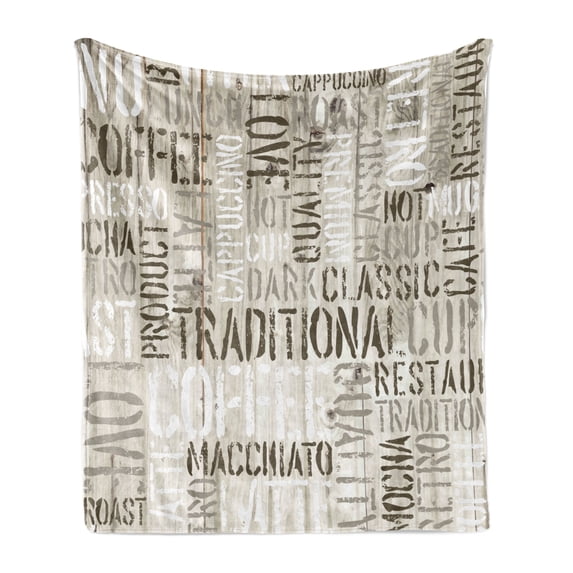 Modern Soft Flannel Fleece Blanket, Wooden Background with Coffee Phrase Espresso Hot Chocolate Cappuccino Design, Cozy Plush for Indoor and Outdoor Use, 70" x 90", Beige Army Green, by Ambesonne