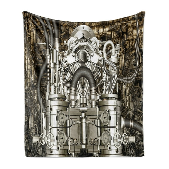Modern Soft Flannel Fleece Throw Blanket, 2 Cylinder Engine Engineer Bikes and Cars Lovers Inspired Image Photo, Cozy Plush for Indoor and Outdoor Use, 50" x 70", Grey and Dark Brown, by Ambesonne