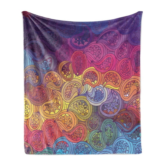 Modern Soft Flannel Fleece Throw Blanket, Abstract Leaf Shaped Colorful Wavy Curved Gradient Toned Boho Pattern, Cozy Plush for Indoor and Outdoor Use, 70" x 90", Multicolor, by Ambesonne