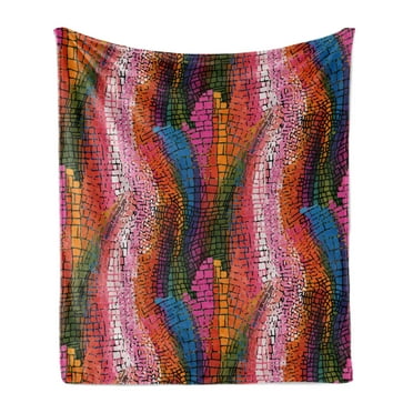 Modern Soft Flannel Fleece Throw Blanket, Abstract Rainbow Vivid Colorful Ombre Mosaic Geometrical Wavy Design Print, Cozy Plush for Indoor and Outdoor Use, 60" x 80", Multicolor, by Ambesonne
