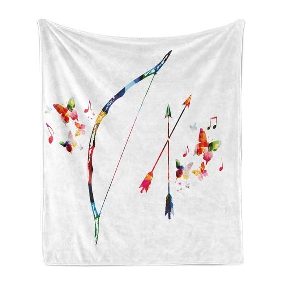 Modern Soft Flannel Fleece Throw Blanket, Abstract Unusual Bow and Arrow with Butterflies Music Notes Floral Design Print, Cozy Plush for Indoor and Outdoor Use, 60" x 80", Multicolor, by Ambesonne