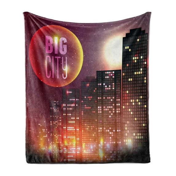 Modern Soft Flannel Fleece Throw Blanket, Big City Theme Urban Skyline Night Scene Full Moon Stars and Skyscrapers Image, Cozy Plush for Indoor and Outdoor Use, 50" x 60", Multicolor, by Ambesonne