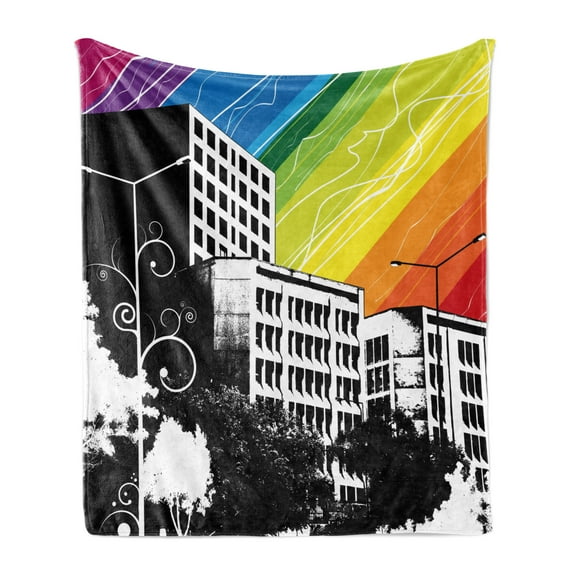 Modern Soft Flannel Fleece Throw Blanket, Black and White Colored Buildings with Rainbow Inspired Colorful Sky Wiev Print, Cozy Plush for Indoor and Outdoor Use, 50" x 60", Multicolor, by Ambesonne
