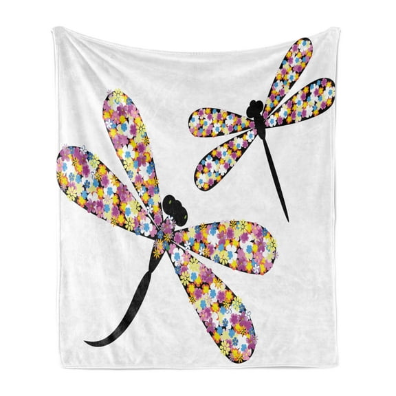 Modern Soft Flannel Fleece Throw Blanket, Butterfly and Dragonflies Colorful Alluring Wings and Dark Silhouettes Print, Cozy Plush for Indoor and Outdoor Use, 50" x 60", Multicolor, by Ambesonne