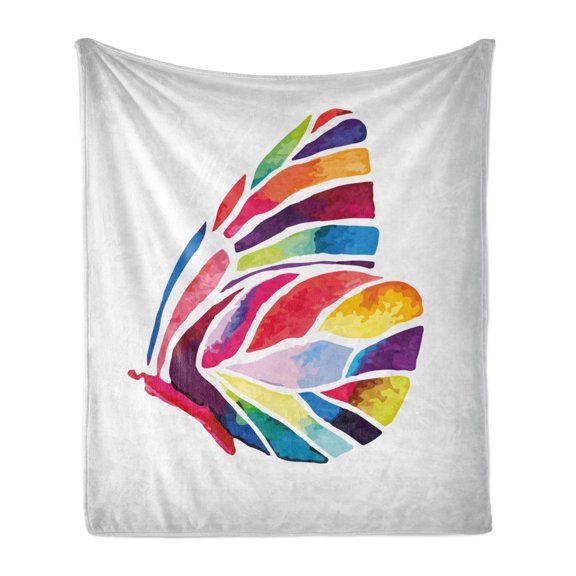 Modern Soft Flannel Fleece Throw Blanket, Butterfly with Rainbow Colored Wings Geometric Lines Modern Artwork Image Print, Cozy Plush for Indoor and Outdoor Use, 60" x 80", Multicolor, by Ambesonne