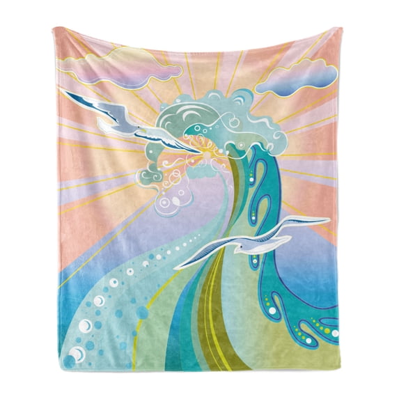 Modern Soft Flannel Fleece Throw Blanket, Cartoon Like Image Waves Birds Foams and Bubbles with Sunset Like Design Artwork, Cozy Plush for Indoor and Outdoor Use, 50" x 70", Multicolor, by Ambesonne