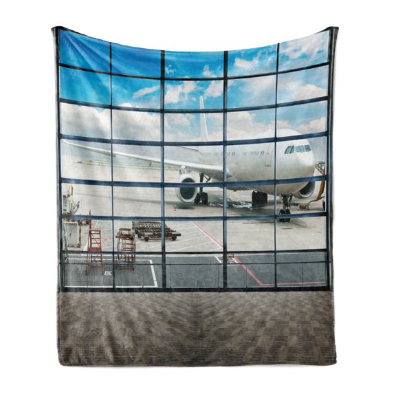 Modern Soft Flannel Fleece Throw Blanket, China Shangai Airport with Big Jet Plane Wanderlust Traveller Photograph, Cozy Plush for Indoor and Outdoor Use, 60" x 80", White and Sky Blue, by Ambesonne