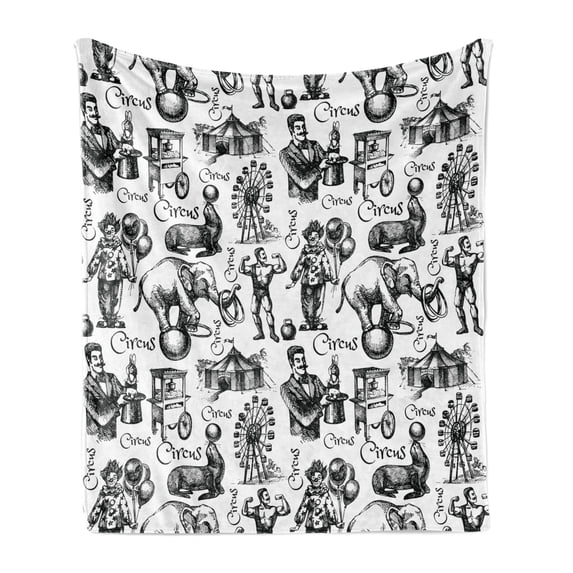 Modern Soft Flannel Fleece Throw Blanket, Circus Words and Themed Continous Pattern Magician Baloons Phrase Artwork, Cozy Plush for Indoor and Outdoor Use, 50" x 60", Black and White, by Ambesonne