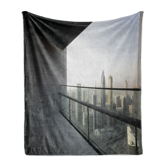 Modern Soft Flannel Fleece Throw Blanket, City Dubai Landscape Downtown from Balcony Photo Image Print, Cozy Plush for Indoor and Outdoor Use, 60" x 80", Charcoal Grey and White, by Ambesonne
