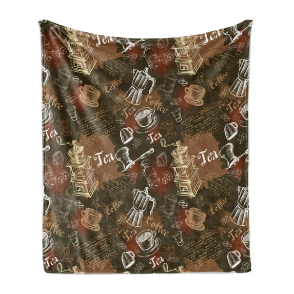 Modern Soft Flannel Fleece Throw Blanket, Coffee Culture Theme with Italian Espresso French Press Tea Artwork, Cozy Plush for Indoor and Outdoor Use, 50" x 70", Caramel Brown Redwood, by Ambesonne