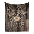 thumbnail image 1 of Modern Soft Flannel Fleece Throw Blanket, Coffee Time Phrase with a Cup on a Wooden Grunge Background Kitchen Image, Cozy Plush for Indoor and Outdoor Use, 60" x 80", Umber Cream Cocoa, by Ambesonne, 1 of 5