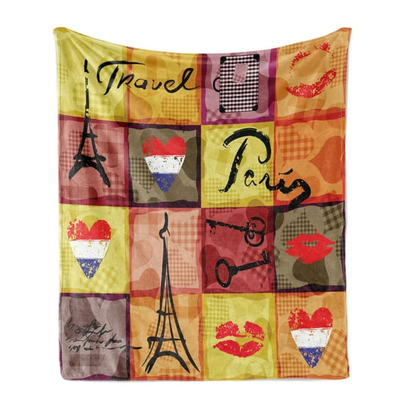 Modern Soft Flannel Fleece Throw Blanket, Collage Print Colorful Hearts Eiffel Tower French Flag and Paris Lettering, Cozy Plush for Indoor and Outdoor Use, 50" x 60", Multicolor, by Ambesonne