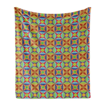 Modern Soft Flannel Fleece Throw Blanket, Colorful Design of Quirky Shapes and Geometric Formation Circles and Triangles, Cozy Plush for Indoor and Outdoor Use, 70" x 90", Multicolor, by Ambesonne