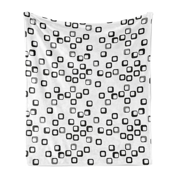 Modern Soft Flannel Fleece Throw Blanket, Demonstration of Monochrome Style Modern Round Squares with Stripes, Cozy Plush for Indoor and Outdoor Use, 70" x 90", Charcoal Grey and White, by Ambesonne