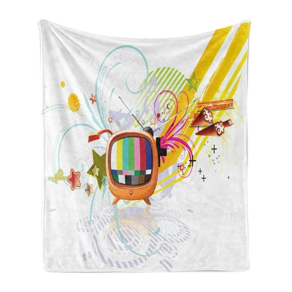 Modern Soft Flannel Fleece Throw Blanket, Digital Image Television Media Theme Stars Stripes Lines Abstract Artwork Image, Cozy Plush for Indoor and Outdoor Use, 60" x 80", Multicolor, by Ambesonne