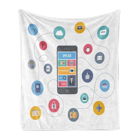 Modern Soft Flannel Fleece Throw Blanket, Digitally Generated Illustration of a Smartphone with Multimedia, Cozy Plush for Indoor and Outdoor Use, 50" x 60", Multicolor, by Ambesonne