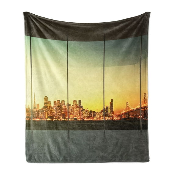 Modern Soft Flannel Fleece Throw Blanket, Empty Office at Sunset with View to Skyline Architecture Downtown City Art, Cozy Plush for Indoor and Outdoor Use, 50" x 60", Orange Grey Green, by Ambesonne