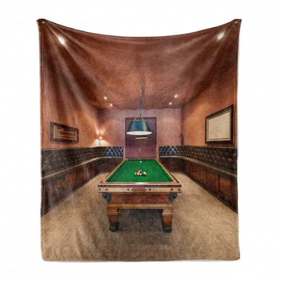 Modern Soft Flannel Fleece Throw Blanket, Entertainment Room in Mansion Pool Table Billiard Lifestyle Photo Print, Cozy Plush for Indoor and Outdoor Use, 70" x 90", Cinnamon Brown Green, by Ambesonne