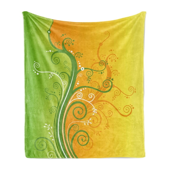 Modern Soft Flannel Fleece Throw Blanket, Floral Flower Swirls Leaves on the Branches Design Modern Print, Cozy Plush for Indoor and Outdoor Use, 70" x 90", Pale Green Marigold, by Ambesonne