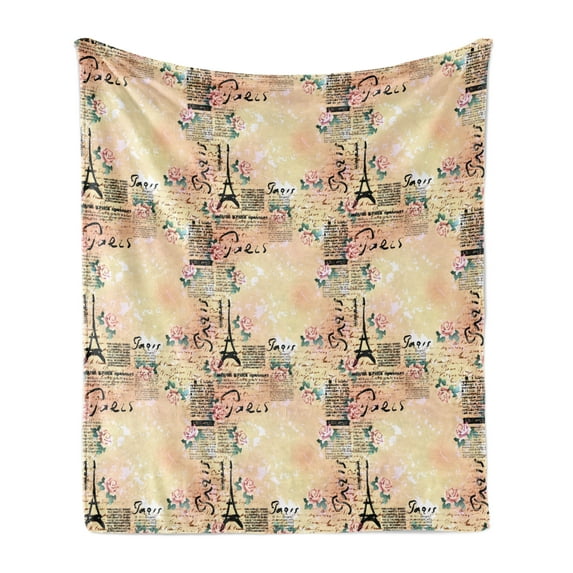 Modern Soft Flannel Fleece Throw Blanket, French Paris Themed Lettering with Floral Leaves Details Artwork, Cozy Plush for Indoor and Outdoor Use, 50" x 60", Blue Black and Pale Pink, by Ambesonne