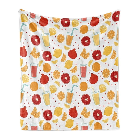 Modern Soft Flannel Fleece Throw Blanket, Fruits Pomegranate Orange Juice Kitchen Lemon Yummy Food Illustration, Cozy Plush for Indoor and Outdoor Use, 70" x 90", Apricot Ruby, by Ambesonne