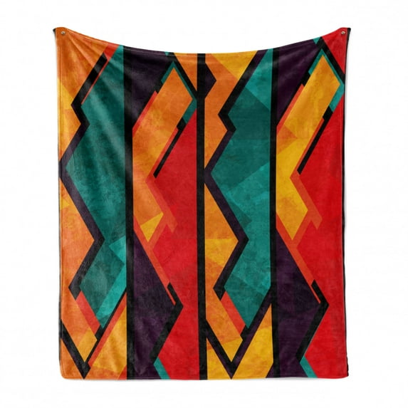 Modern Soft Flannel Fleece Throw Blanket, Geometric Contemporary Art Design Black Bold Zig Zag Borders Pattern, Cozy Plush for Indoor and Outdoor Use, 60" x 80", Teal Orange Marigold, by Ambesonne